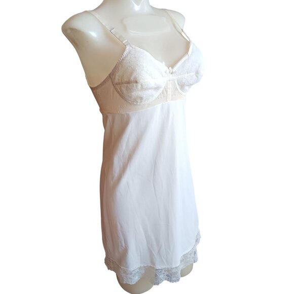 Vintage 34B Slip Dress White Lace Trim Sheer Bodice Mesh Web Warners 1960's Glam - Picture 3 of 10